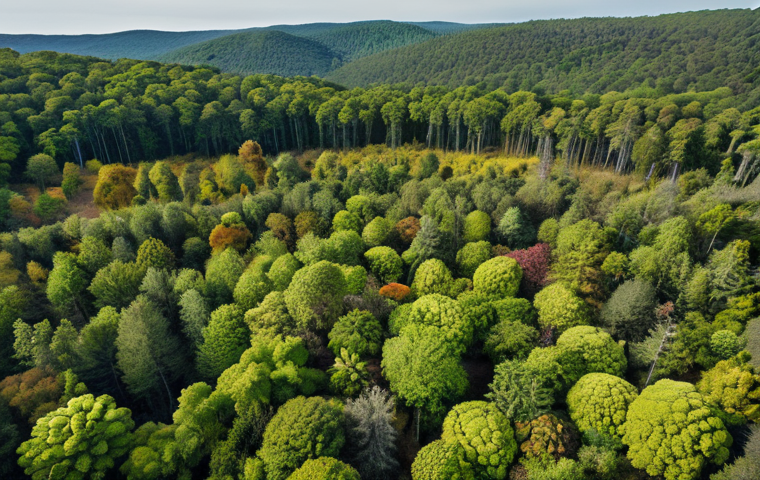 **Lush, diverse forest scene restored with drone technology:** Showcase a wide shot of a formerly barren landscape now flourishing with various native plant species. Drones are faintly visible in the sky, engaged in seed dispersal. Highlight the vibrant colors and thriving biodiversity.